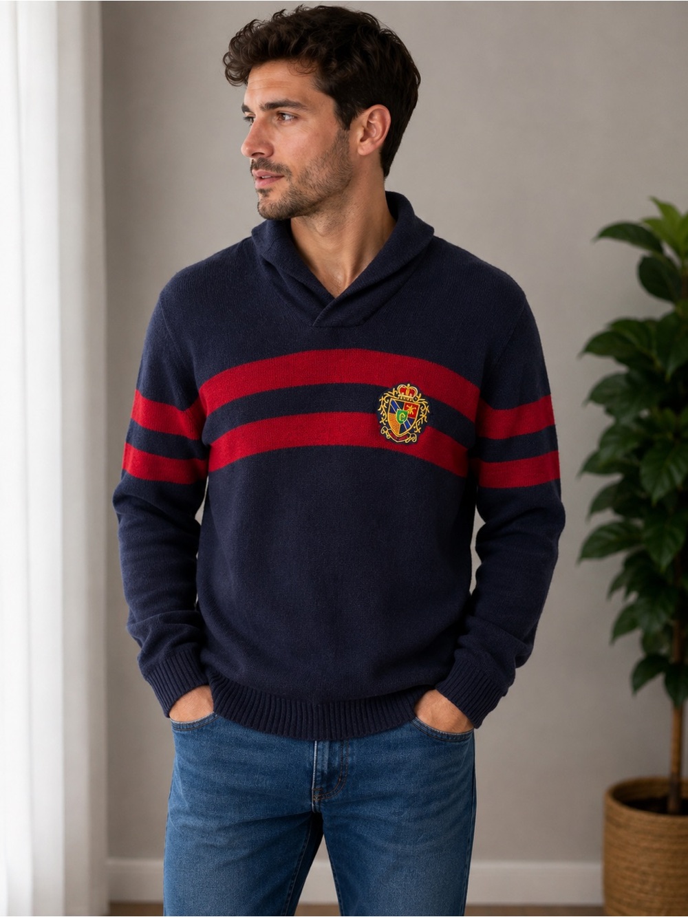 McGregor Weekend Men's Lambswool Shawl Collar Sweater Navy Red Crest Size L